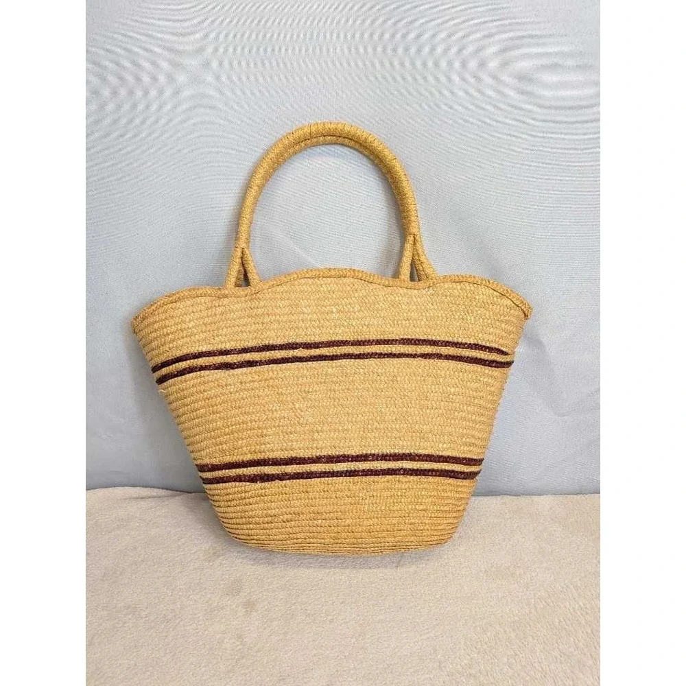 Woven Straw Tote‎ Bag Floral Embroidery Burgundy Stripes Summer Beach Purse